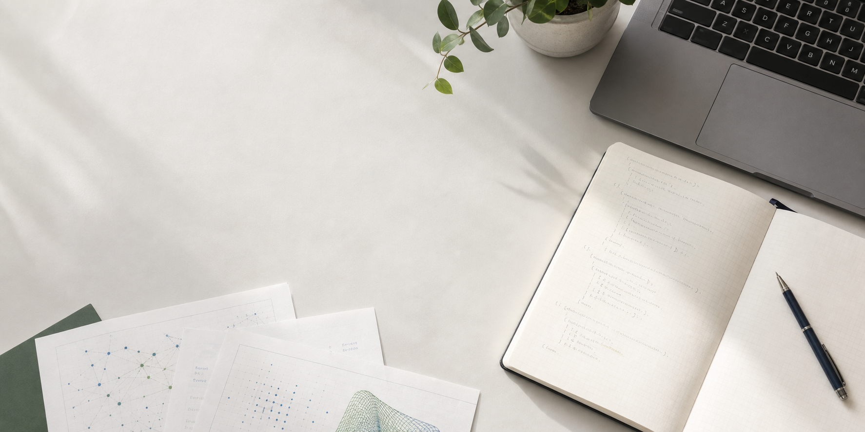 A quiet academic desk with papers, a notebook, and a laptop.